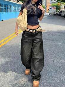 复古黑色宽松直筒牛仔裤，休闲男友风时尚牛仔裤，春夏穿搭