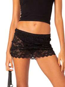 Women Lace Mini Skirt Sexy Low Rise Slim Fitted Bodycon Short Skirts Beach Clubwear Black Floral Lace Sheer Skirts Y2k Clothes Summer Outfit - 黑色 - 查看 1