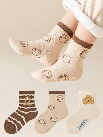 3 双儿童条纹中筒袜，厚毛绒保暖，秋冬季新款