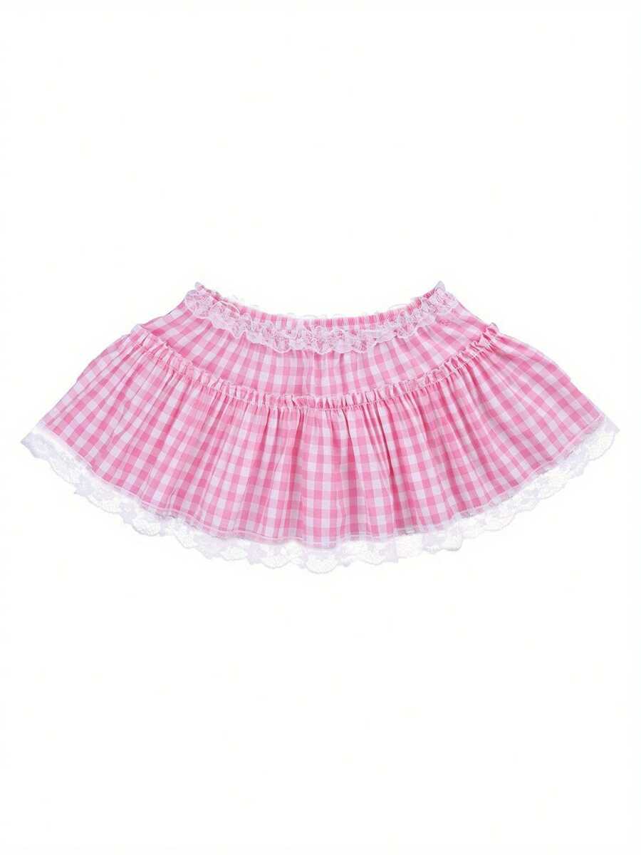 Women Y2K Mini Gingham Skirt Short Fairy Princess Dress Ruffle Lace Trim Plaid Micro Skirt Maid Pleated A-Line Mini Skirt ﻿ - 粉色 - 查看 1