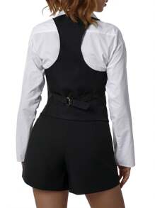 Women Waistcoat Vests, Vintage Sleeveless V Neck Button Down Dressy Suit Blazer Vest - Black - View 6