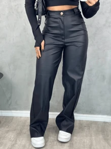 BRAZIL STORE Women's Wide Leg High Waist Leather Pants - 黑色 - 查看 3