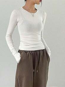 Women Casual Thumb Hole Shirt Trendy Slim Fit Long Sleeve Round Neck Tops Summer Solid Color Tee - White - View 2