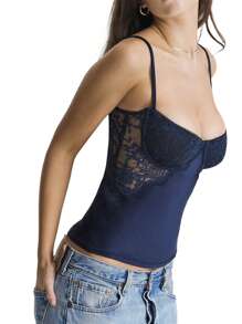 Womens Summer Cami Tops, Vintage Sleeveless Lace Patchwork Underwire Bra Camisole - Blue - View 3
