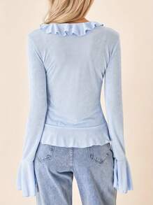 Women Long Sleeve Crop Tops Button Front Ruffle Cardigan Fitted Shirt For Club Streetwear Aesthetic Clothes - Light Blue - View 7