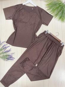 Plussize Women's Suede Set Short Sleeve Blouse Jogger Pants With Pocket Beautiful Stretch Fabric - 咖啡棕 - 查看 1