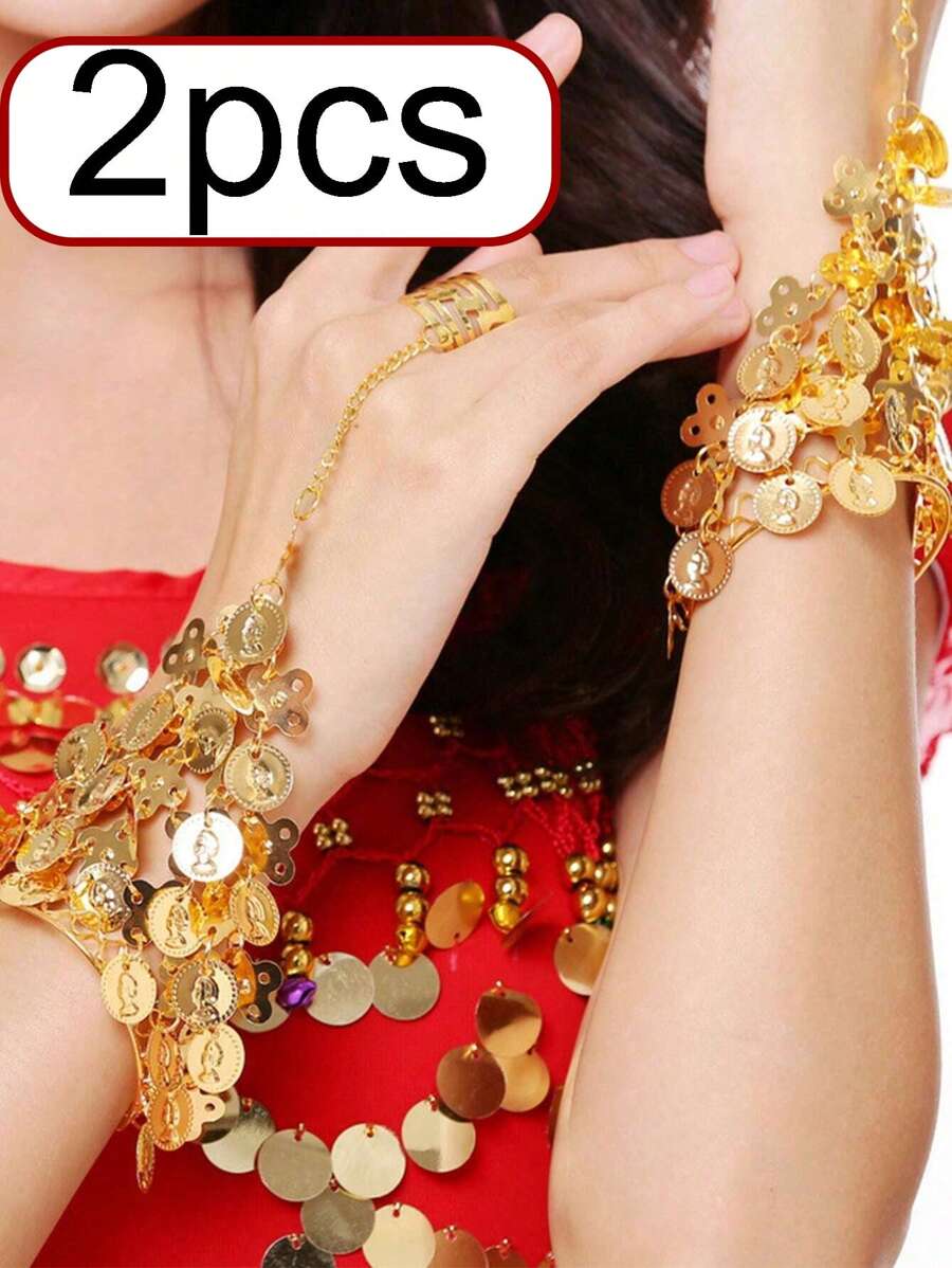 2pcs/Belly Dance Golden/Silver Coins Bracelets,Coin Bracelet Wrist Hand Bracelet Bangle Rings For Christmas Costume Present - Multicolor - View 1