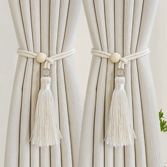 1pc Tassel Diamond Buckle Tie Simple Beige Curtain Tieback Loop Decorative Holder For Living Room