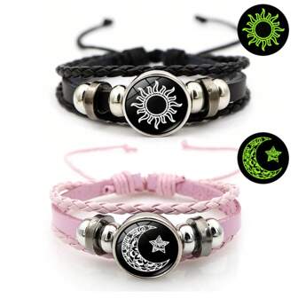 Illusory Vintage stijl lichtgevende zon en maan paar leren polsbandjes, meerlaags kralenweefsel met kunstmatige kristalbedel, unisex punk PU leren vriendschapspolsbandjes, cadeau voor studenten en vrienden
