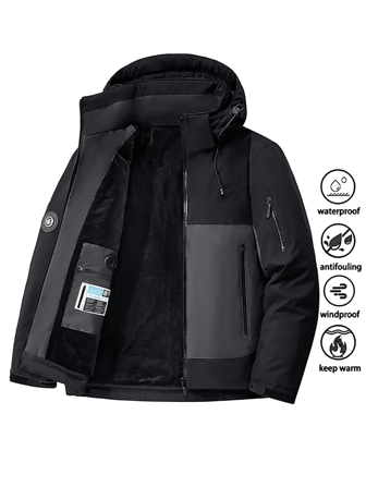 Men's Thermal Lined Water-Resistant Windbreaker Jacket, Thick Hooded Outdoor Softshell Jacket With Detachable Hood, Compass Pocket, Zipper Cuffs, Suitable For Outdoor Adventure And Daily Wear In Winter