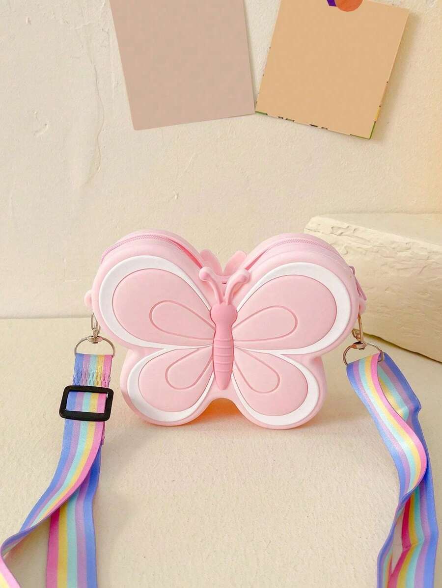 1pc Butterfly Silicone Zipper Mini Crossbody Shoulder Bag Suitable For All Season Daily Use Pink