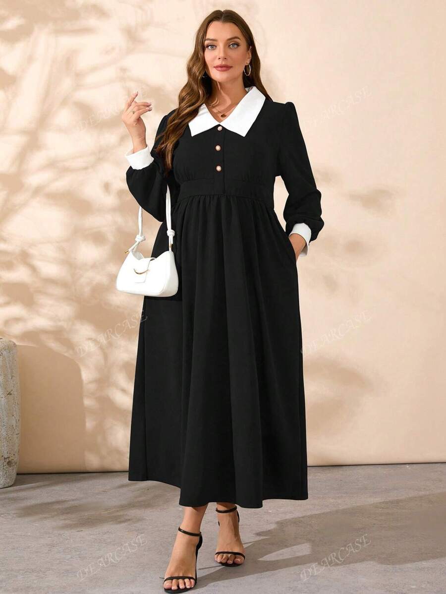 DEARCASE Plus Size Dames Color Block Revers Lange Mouw Jurk