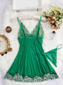 2pcs Sexy Semi-Sheer Spaghetti Strap Nightgown - Deep V-Neck Backless, Bow Detail, Stretchy, Solid Color, Knit Fabric, Women Sleepwear - Suitable For Koningsdag/Kings Day Celebration