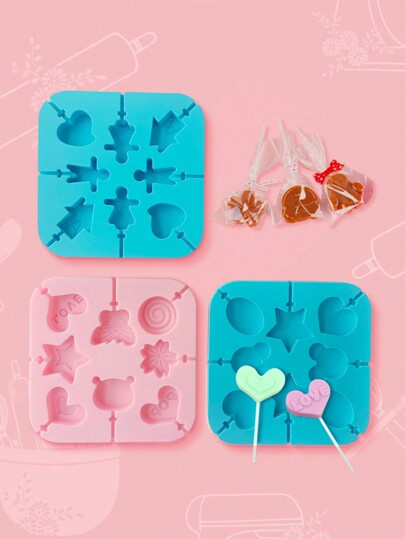 1pc Lollipop Mold, Popsicle Mold, 3D Silicone Mold, Cake Pop Mold, Ice Pop Mold, Kitchen Baking Tools, 4 Colors, 9 Patterns To Choose, Contains Christmas Halloween Valentine's Day Holiday Motif(Lollipop Sticks -100 Sticks/Pack) Valentine's Day Valentines Valentine's Day Decor Valentine's Day Valentine Valentines Day Valentines Gifts