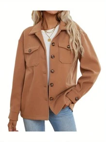 Women Long Sleeve Button-Up Coat, Solid Color/Plaid Print Lapel Neck Tops For Spring, Fall - Camel - View 1