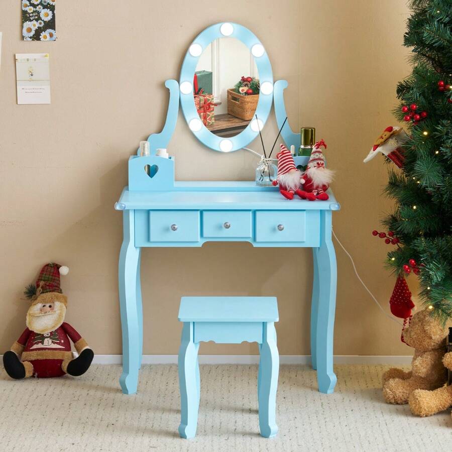 Kids Girls Vanity Table Set Makeup Dressing Table Stool Mirror With 3 Drawers