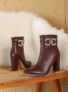 Women's Autumn/Winter Burgundy PU Material Metal Rhinestone Embellished Thick High Heel Boots Ankle Boots For Date Outing Minimalist Style