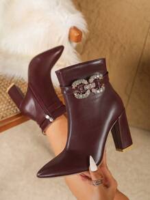 Women's Autumn/Winter Burgundy PU Material Metal Rhinestone Embellished Thick High Heel Boots Ankle Boots For Date Outing Minimalist Style