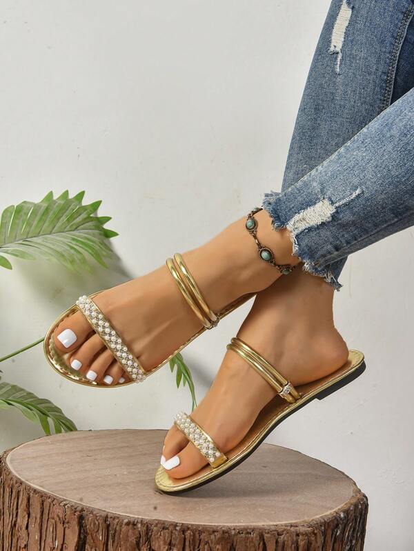 Women's Gold Faux Pearl Decorated Comfortable Slides/Sandals, Versatile For Summer Wear