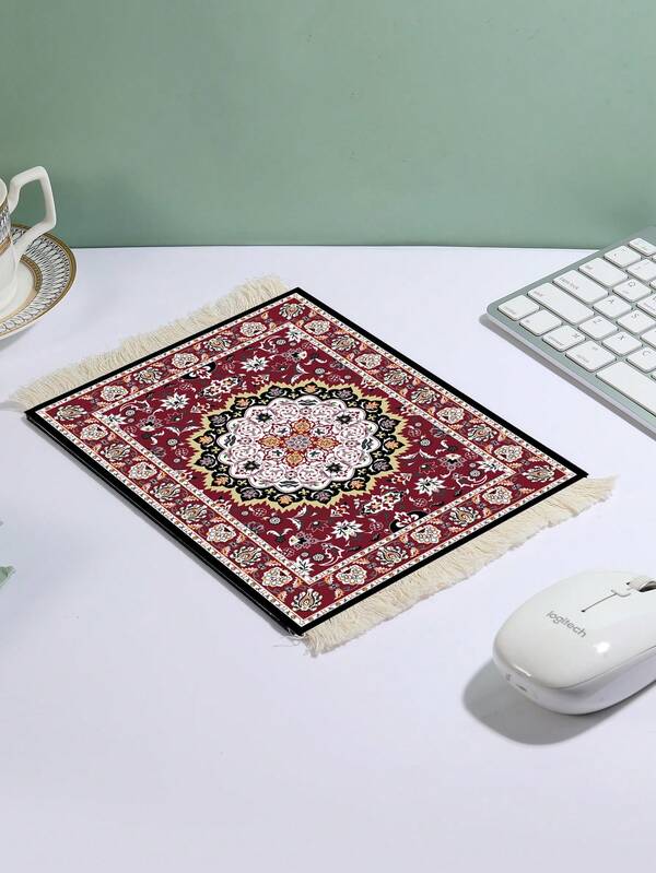 Persian Carpet Design Mouse Pad, Rubber Non-Slip Base, Tassel Desk Mat, Coaster, Suitable For Office, Gaming, Study