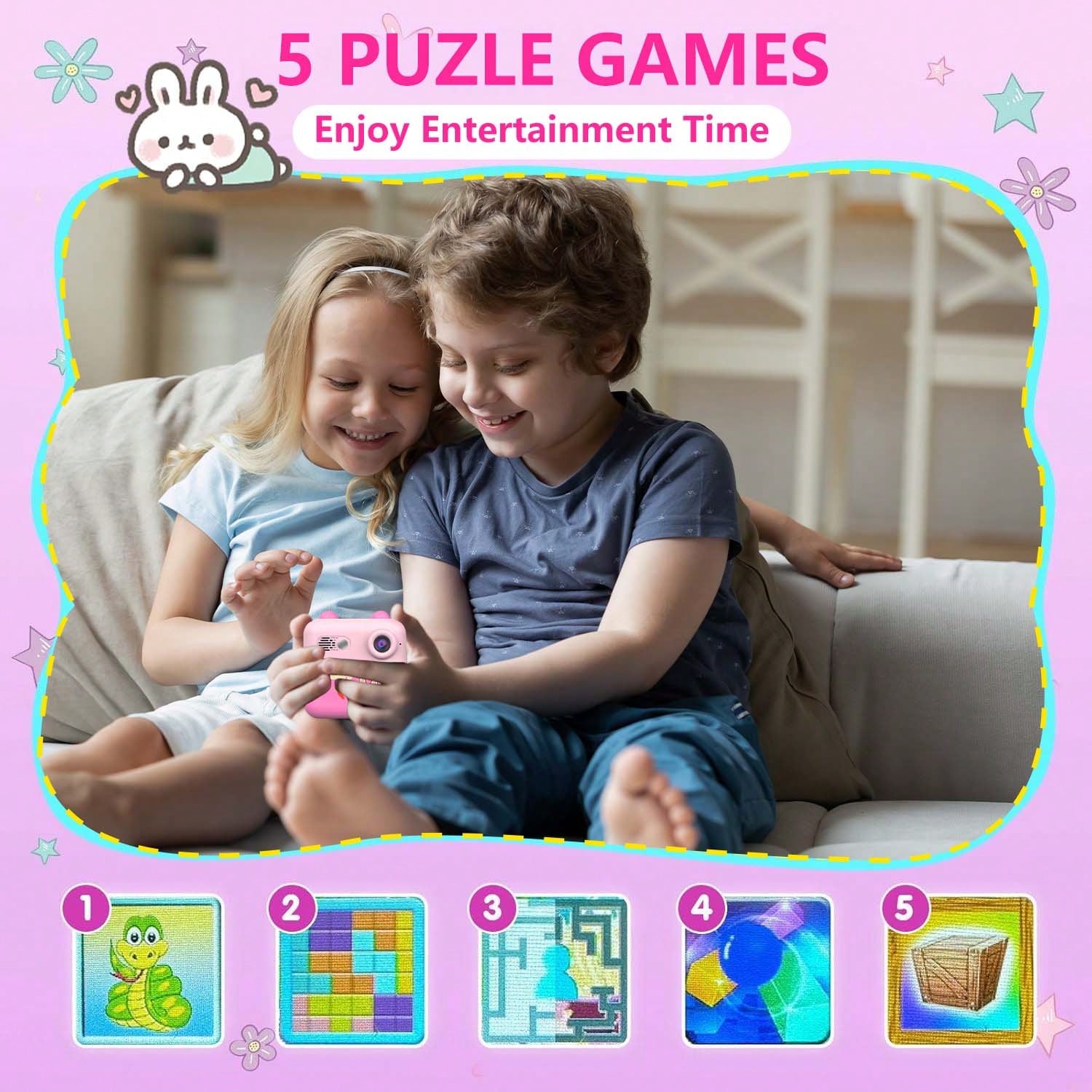 Appareil Photo Instantané Pour Enfant – Impression Sans Encre – Écran 3 Pouces, Vidéo HD – Bleu, Avec 5 Rouleaux Papier