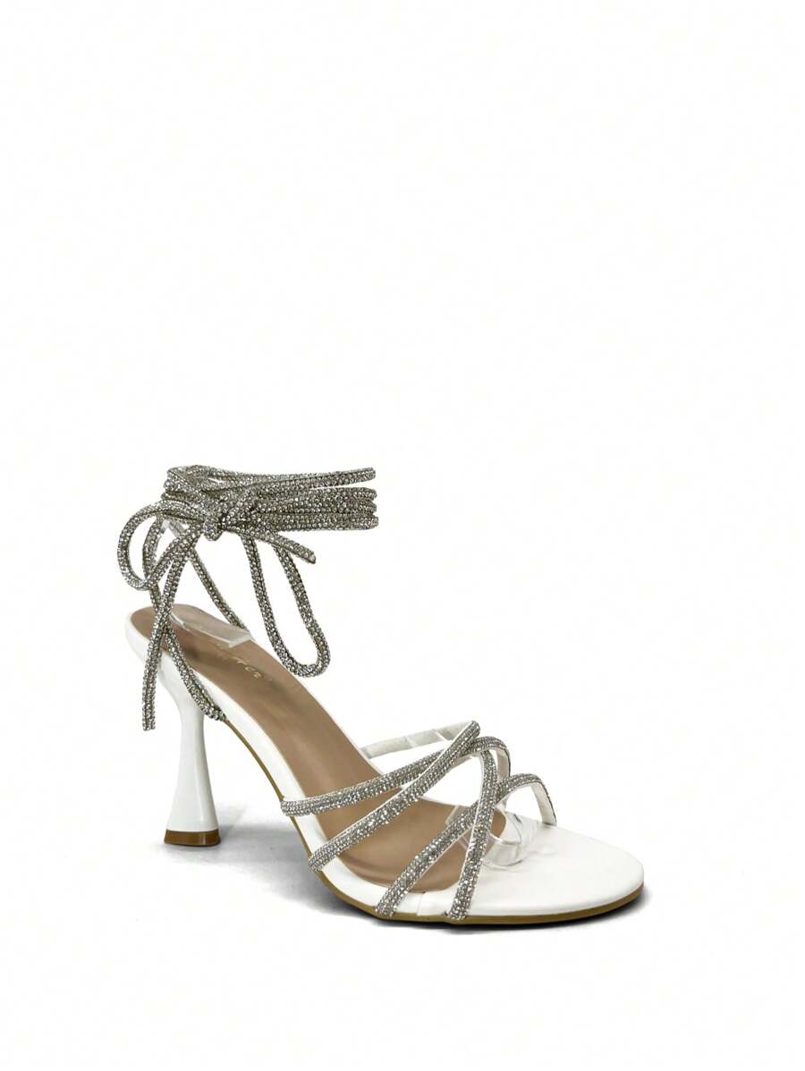 REVREAL Rhinestone Lace-Up Heels – Dazzle In Every Step Valentines Stylish Sandals Summer Sandals For Women - White - View 1