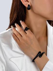 4 件时尚简约重金属水滴形哑光黑色珠宝套装，包括女士手链、戒指和耳环，优雅多功能日常配饰，春季设计开口手镯