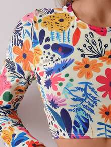 New Cross-Border Crew Neck Long Sleeve Printed Tankini Swimwear - Beige - View 5