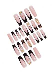 1 Box 24pcs Luxury & Chic Snowflake & Striped Shiny High-End Design Oval Short Size Fake Nails, Includes 1pc Jelly Gel And 1pc Nail File, Great Gift For Girls & Women Press On Nails
