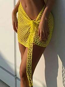 Women Beach Skirt, Cover-Up Skirt Hollowed Solid Summer Mini Knitted Skirt For Vacation SeasideCoachela Festival Swimsuits For Woman, Bathing Suits For Women, Trajes De Baño Mujer - 黃色 - 查看 4