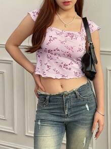 Women Crop Floral T-Shirts Summer Short Sleeve Basic Tops Casual Pullovers For Streetwear Aesthetic Grunge Clothes