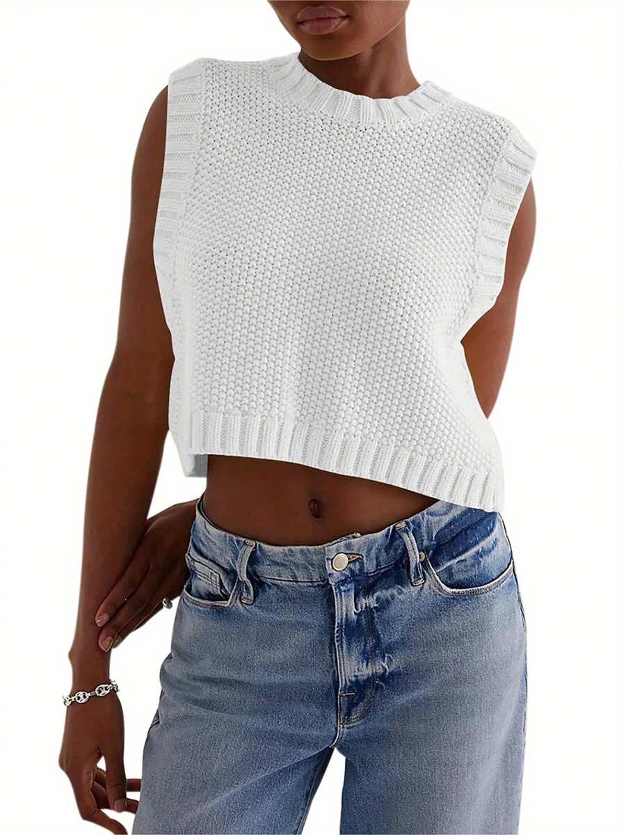 Womens Open Back Knit Vest Casual Sleeveless Solid Color Loose Tank Tops Sweater Vest - White - View 1