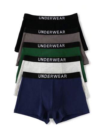5pcs/Pack Tween Boys' Solid Color Underwear, Black, Grey, Blue, Soft, Breathable, Simple Boxer Brief