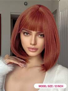Peluca Bob sin pegamento con flequillo, peluca Bob corta de cabello humano liso con parte superior de encaje de 2.5"x1", peluca Bob de color negro natural con textura de cabello liso Yaki, peluca mini de encaje de color marrón rojizo - Óxido marrón - Ver 6