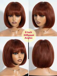 Peluca Bob sin pegamento con flequillo, peluca Bob corta de cabello humano liso con parte superior de encaje de 2.5"x1", peluca Bob de color negro natural con textura de cabello liso Yaki, peluca mini de encaje de color marrón rojizo - Óxido marrón - Ver 3
