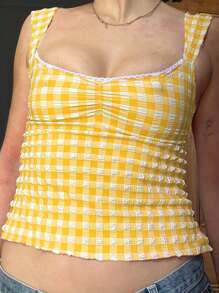 Women Camisole, Sleeveless Low-Cut Backless Plaid Tops Lace Trim Slim Fit Summer Vest - 黃色 - 查看 2
