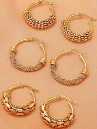 3 Pairs Of Chic Stainless Steel Textured Grain Hoop Earrings - Vintage & Bohemian Style Jewelry Accessory For Women - Fashionable, Durable, And Hypoallergenic Earrings Set With Classic Design