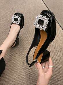 Women's Diamond-Encrusted Fashion Square Toe High Heel Slip-On Shoes - Black - View 2