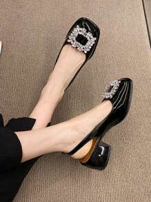 Women's Diamond-Encrusted Fashion Square Toe High Heel Slip-On Shoes - Black - View 3