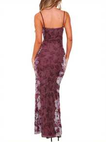 Women's Bodycon Long Dress, Vintage Floral Print Sleeveless Spaghetti Strap Party Dress - 酒紅色 - 查看 4
