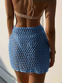 Cobertor de playa para mujer de unicolor con corte a ganchillo y holgado, para cubrir el traje de baño de verano - Azul - Ver 2