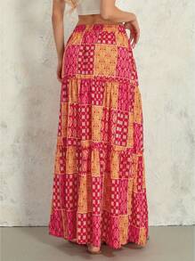Women's Bohemian Skirts Vintage Elastic High Waist A-Line Skirts Tiered Long Skirts With Pockets - 黃色 - 查看 9