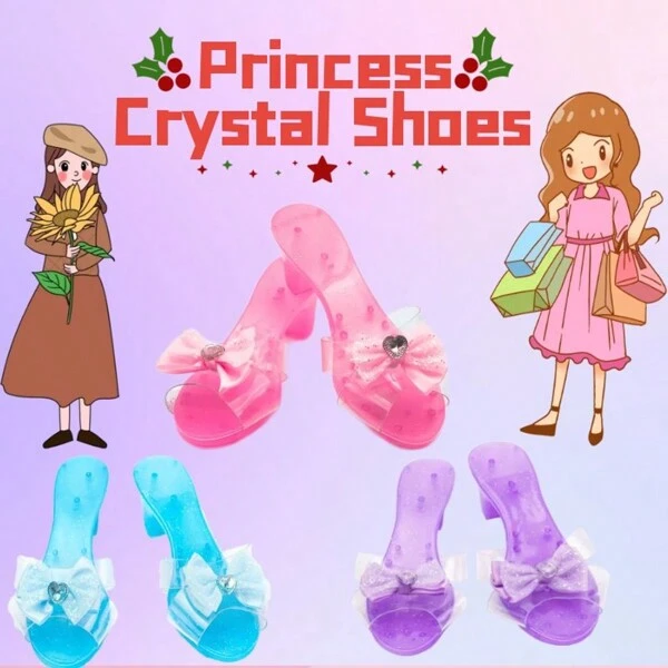1 par de zapatos de cristal de princesa, juguete de zapatos de cristal para niños, accesorios para juego de roles, zapatos de cristal, joyería de princesa, regalo de cumpleaños para niñas, adecuado para accesorios de juego de roles - Zapatos de cristal de plástico - Decoración con lazo - Accesorios para fiesta infantil - Accesorios para actuaciones sobre el escenario - Zapatos para juego de roles
