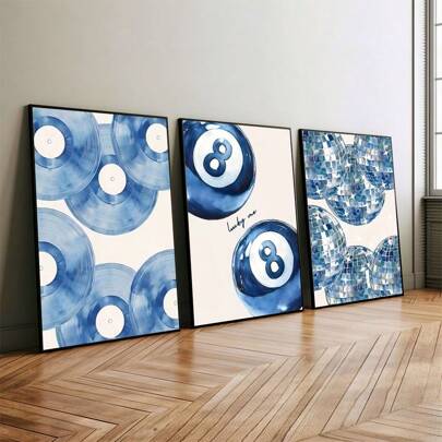 1/3pcs/Set Vintage Blue Lucky Pool Ball Disco Ball Vinyl Record Poster And Prints, Retro Poster Maximalist Preppy Art Aesthetic Canvas Painting Print Funky Wall Picture For Living Room, Bedroom, Dorm, Apartment, Living Room, Modern Home Decoration, Wall Decoration Gift, No Frames Include, Wall Art Gifts Birthday Graduation Coastal Decor Coastal Decor Beach Decor