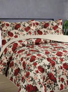 3-Piece Bedspread Quilt Kit Complete Box Bed Ultrasonic Butterfly Quilted - 紅色茉莉花 - 查看 1