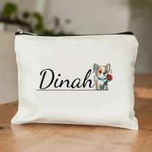 [Customized] 1pc Personalized Needle & Thread Makeup Bag, Cute Dog Signature Love Party Gift, Delicate Travel Cosmetic Bag Zipper Pouch, Toiletry Bag, Customizable DIY Pattern