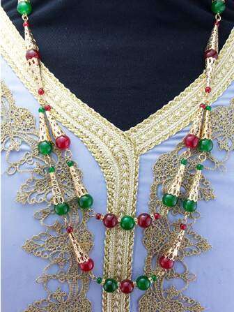 1 Piece Gold Color Arabic Beaded Necklace For Women Double Layer Chain Natural Stone Bride Wedding Jewelry