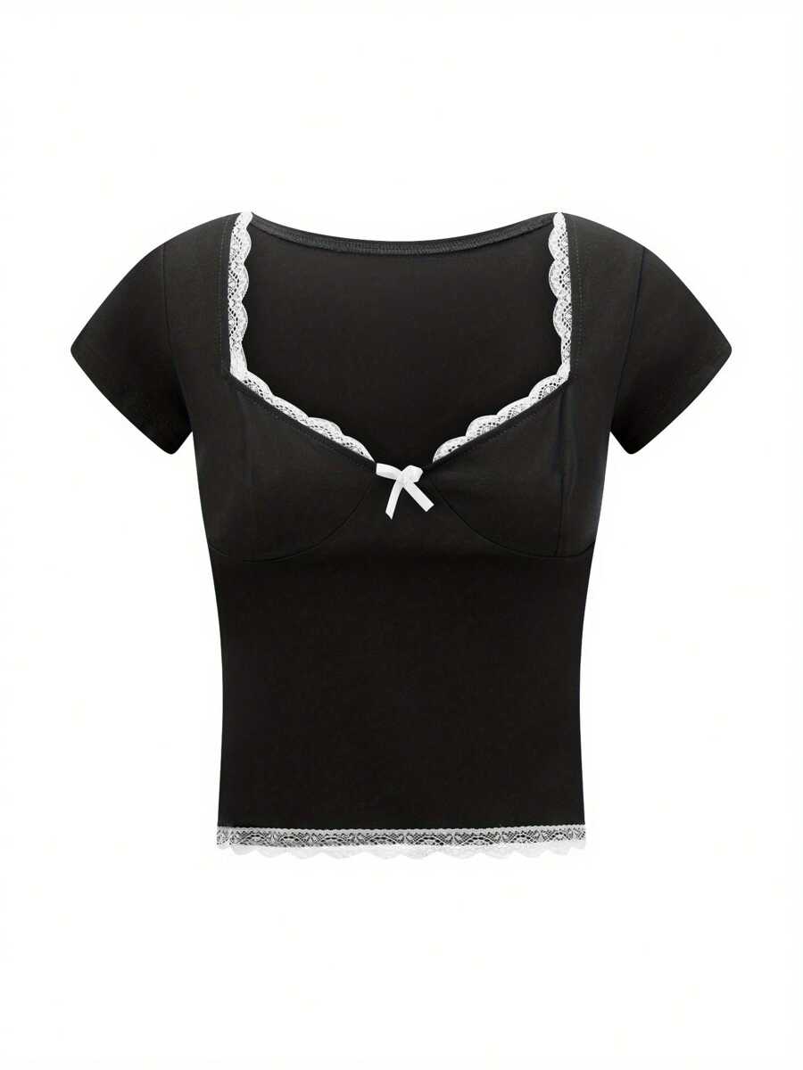 Camiseta corta con cuello en forma de corazón, manga corta, lazo frontal y recorte de encaje, estilo dulce y ceñida para mujer - Negro - Ver 1