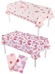 1 块 137*274 厘米粉色和红色心形塑料桌布，适合情人节、婚礼、露营、所有节日、爱情主题派对 - 彩色 - 查看 2