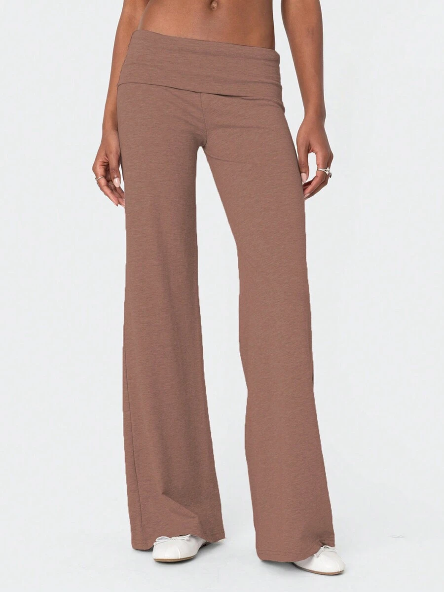 Women's Casual Loose Folding Waist Pants Solid Color/Striped Loose Wide Leg Pants - 巧克力棕 - 查看 1